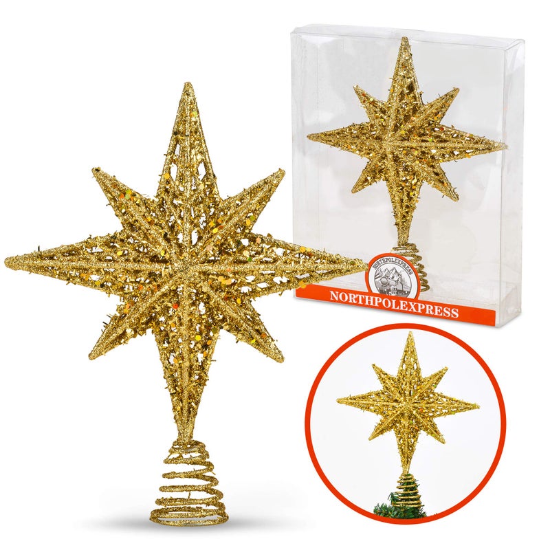 NorthPoleXpress 8 Inch Bethlehem Glitter Gold Star Christmas Tree Topper | Tree Toppers | Christmas Star Tree Topper | Rustic Tree Toppers Christmas Decorations | Christmas Tree Topper for 3-6 ft Trees - Image 2